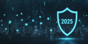 Digital shield protecting local government data networks in 2025, symbolizing federal cybersecurity initiatives.