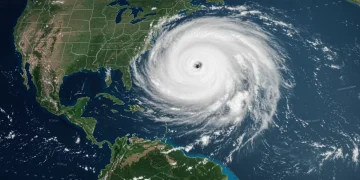 Satellite view of a large hurricane approaching the United States coast, illustrating the 2025 hurricane season outlook.