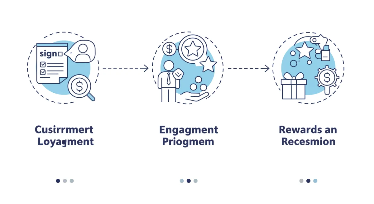 Flowchart depicting a 3-step customer loyalty program: enrollment, engagement, and rewards.