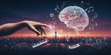 Human hand interacting with AI brain surrounded by creative symbols, representing AI's ethical impact on US creative industries.