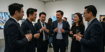 Diverse group discussing art in a modern gallery, symbolizing evolving art philanthropy.