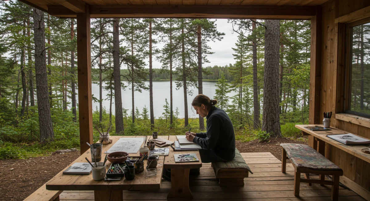 Artist sketching in a serene natural setting, embodying focused creative retreat.