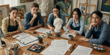 Artists discussing estate planning documents in a creative studio setting