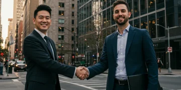 Business owners shaking hands, symbolizing a successful local partnership agreement