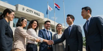 Small business owners engaging with a government official, representing streamlined permitting processes.