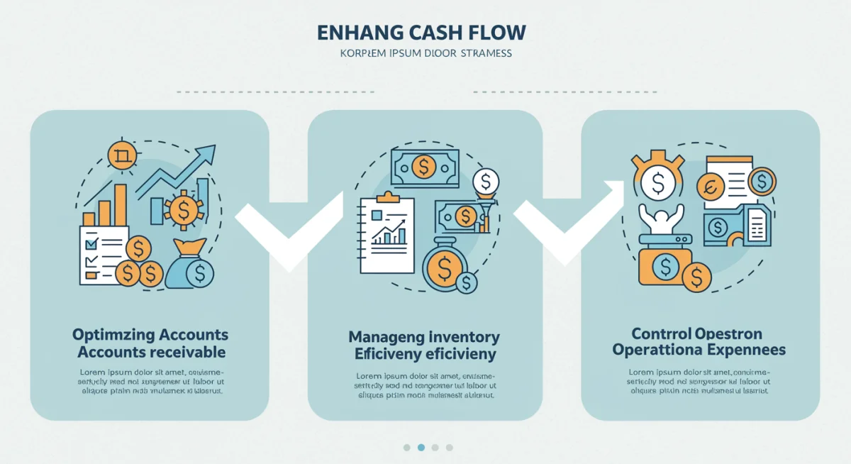 Infographic detailing three cash flow improvement strategies: receivables, inventory, expenses