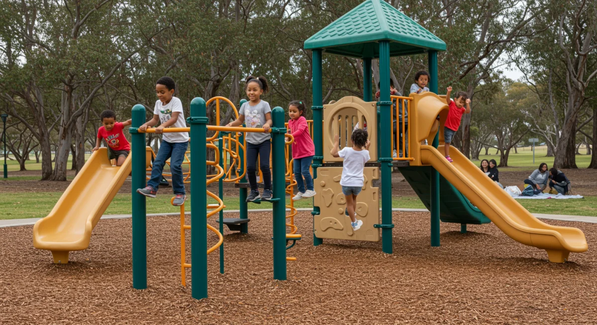 Children playing on new park equipment funded by federal grants