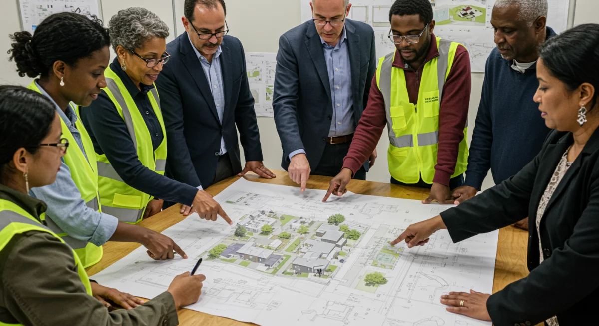 Community leaders discussing plans for new affordable housing development