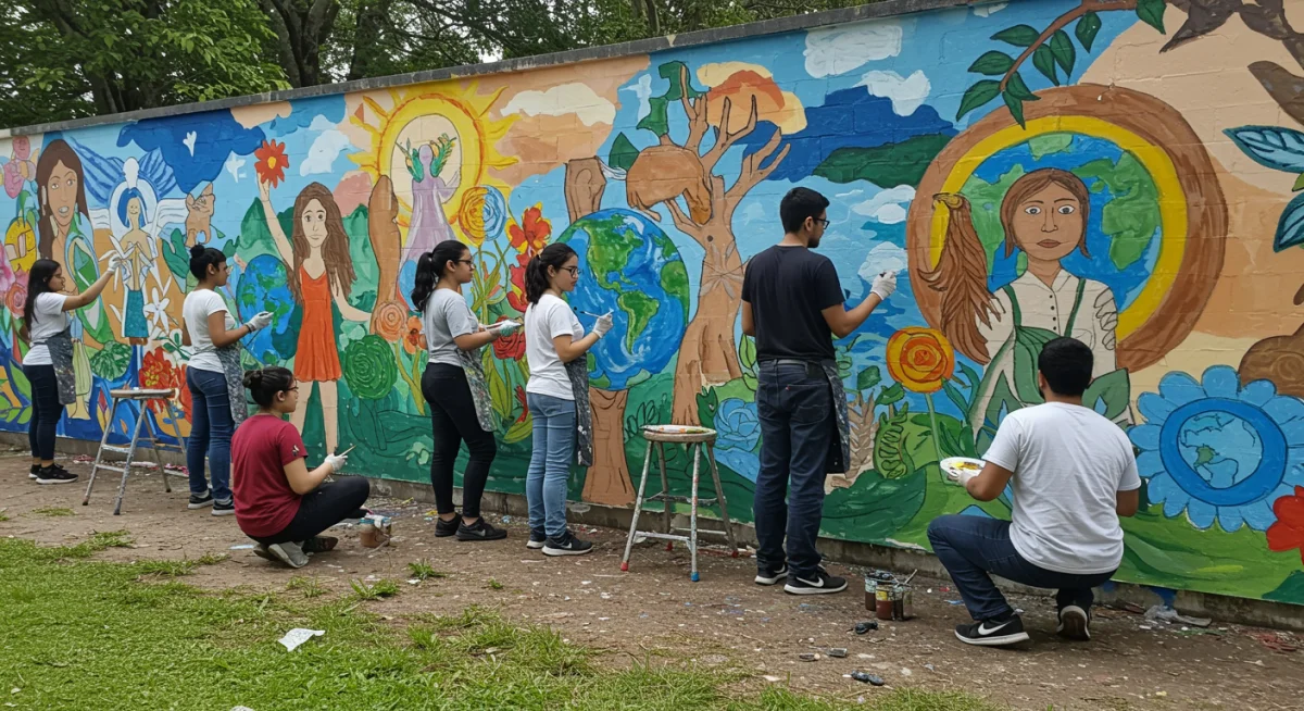 Community artists collaborating on a vibrant mural depicting unity themes