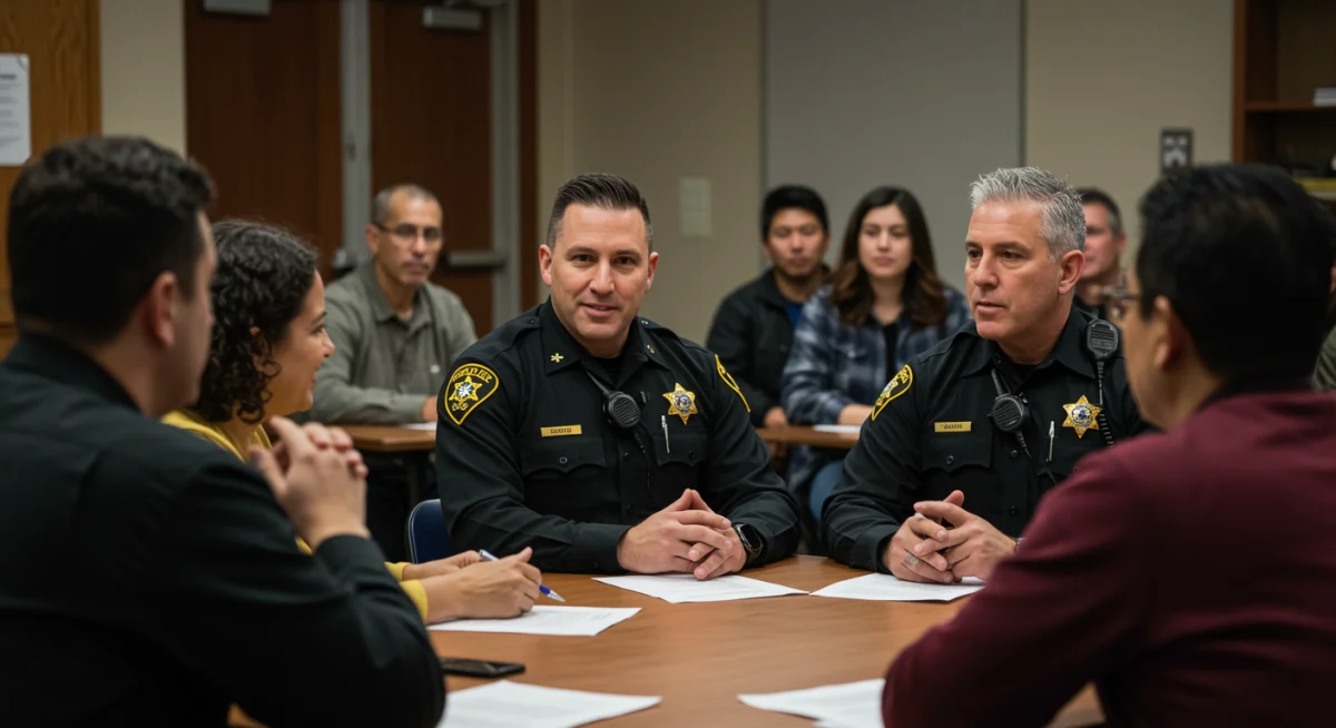 Community members and police officers discussing local safety initiatives