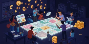 Artists collaborating on a funded project with financial symbols in the background, representing new grants.