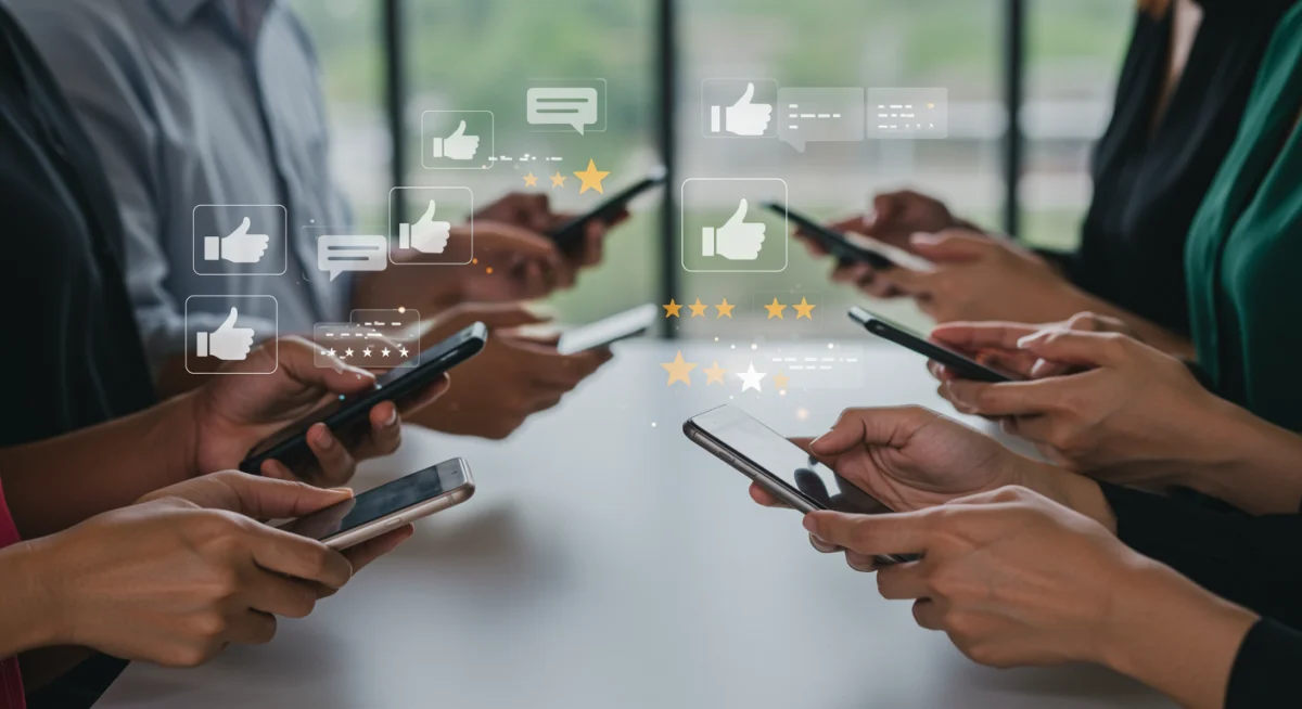 Diverse hands holding smartphones, actively leaving customer reviews and feedback.