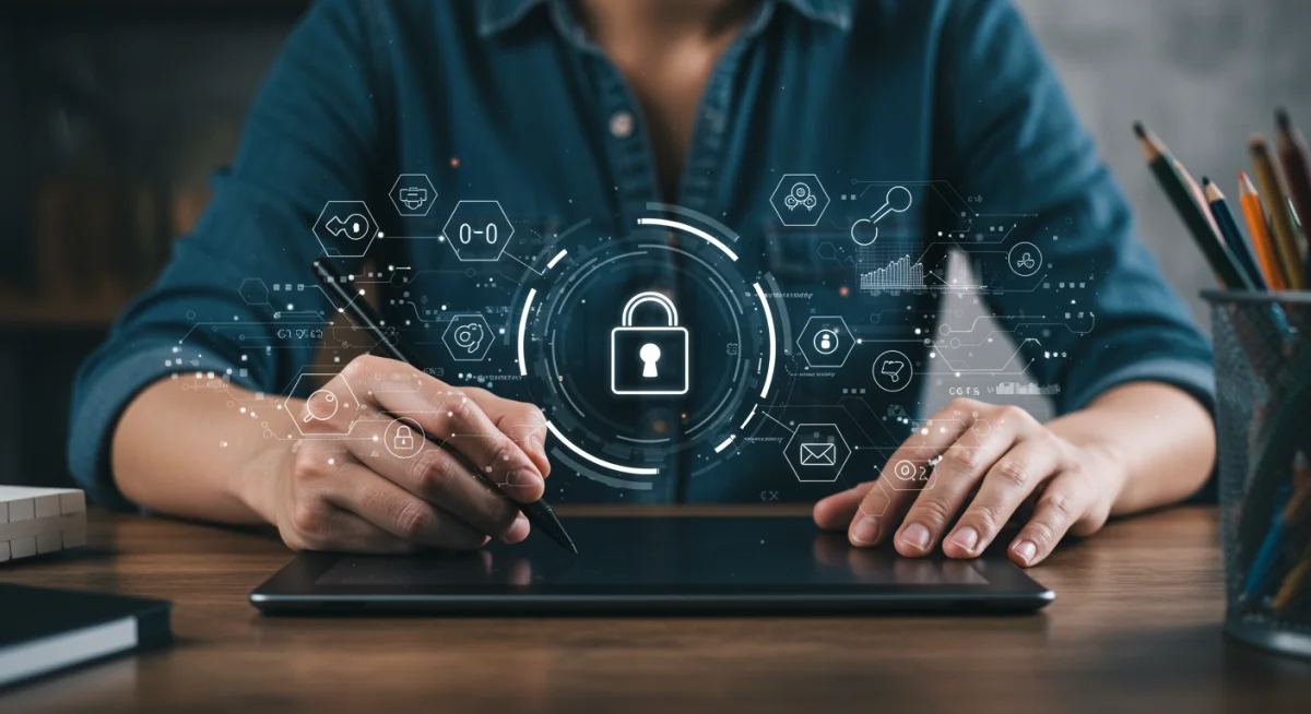 Artist working on a digital tablet, symbolizing creation and copyright in the digital age.