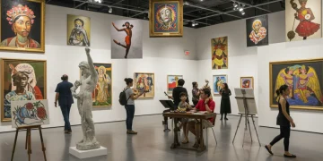 Diverse artists and audiences celebrating cultural initiatives in an inclusive art space.