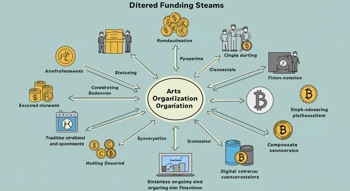 Diagram showing diverse funding streams converging for arts organizations.