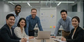 Diverse local professionals collaborating happily in a modern office space
