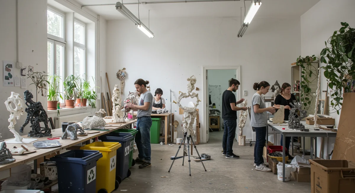 Artists using repurposed materials in an eco-friendly studio