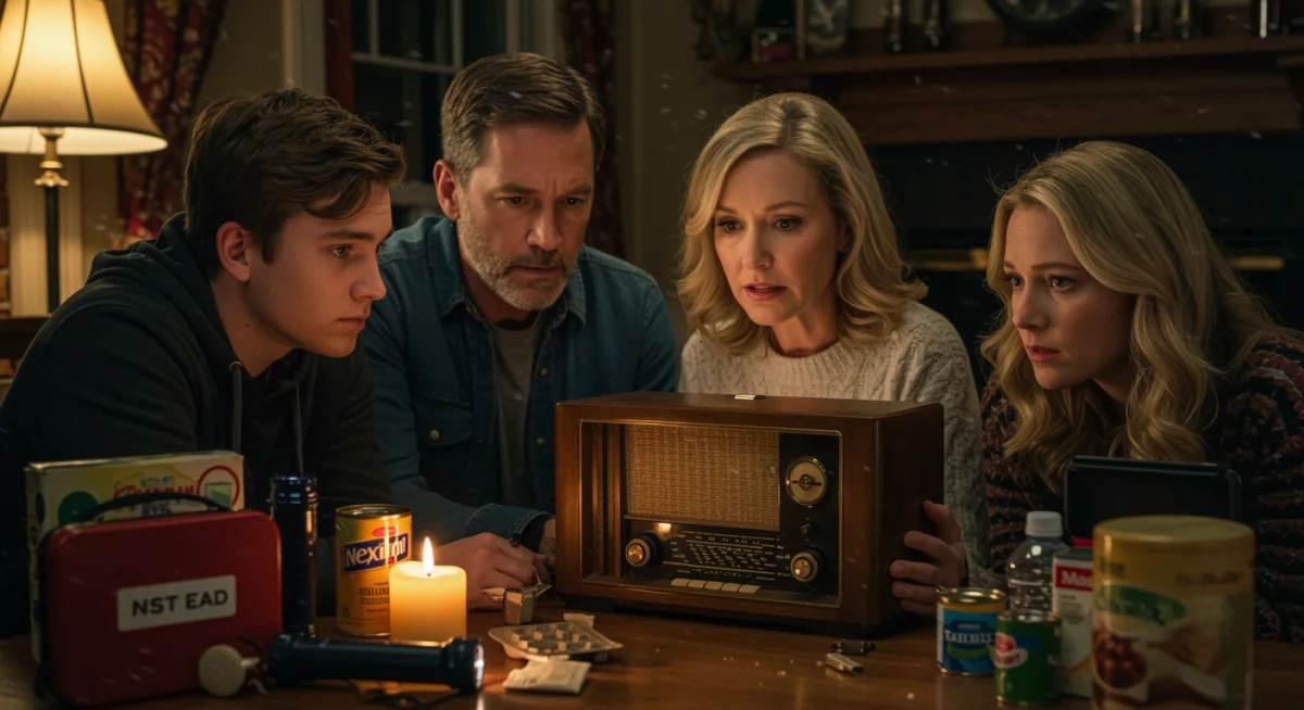 Family listening to emergency weather broadcast on a radio