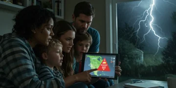 Family reacting to severe weather alert on tablet indoors
