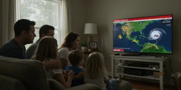 Family watching severe weather forecast on TV, preparing for a storm