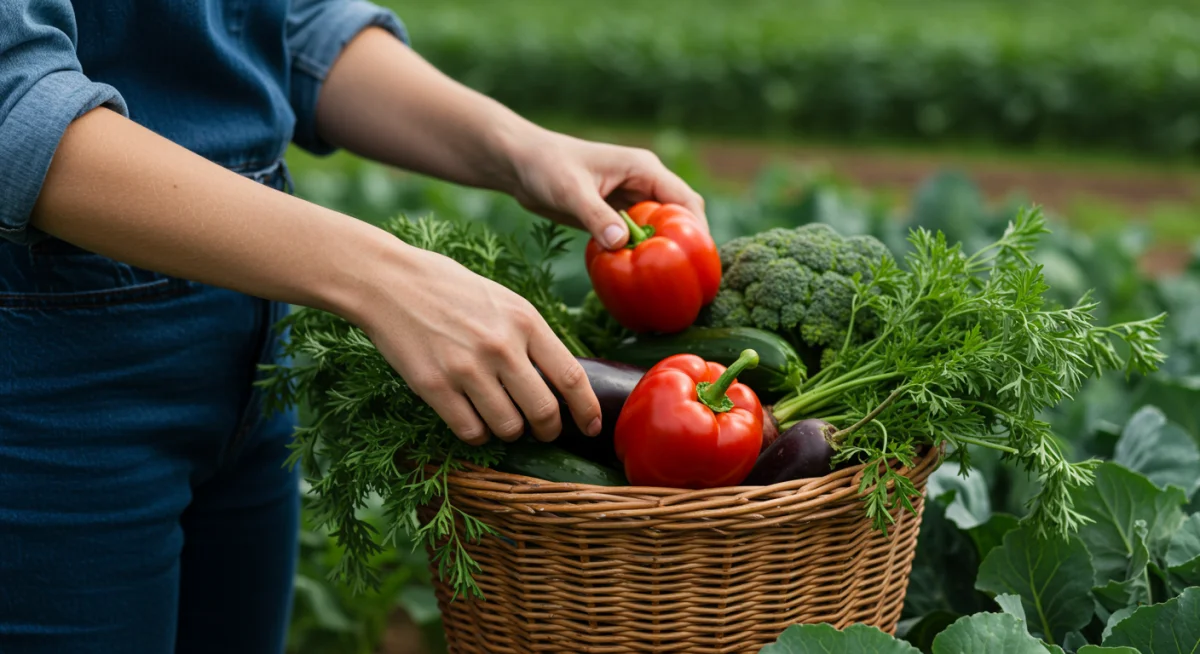 Farmer inspecting organic vegetables, symbolizing local food production.