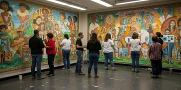Artists collaborating on a mural, symbolizing federal arts and culture grants