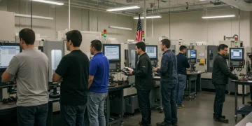 Diverse individuals learning new skills in a modern job training center funded by federal programs.