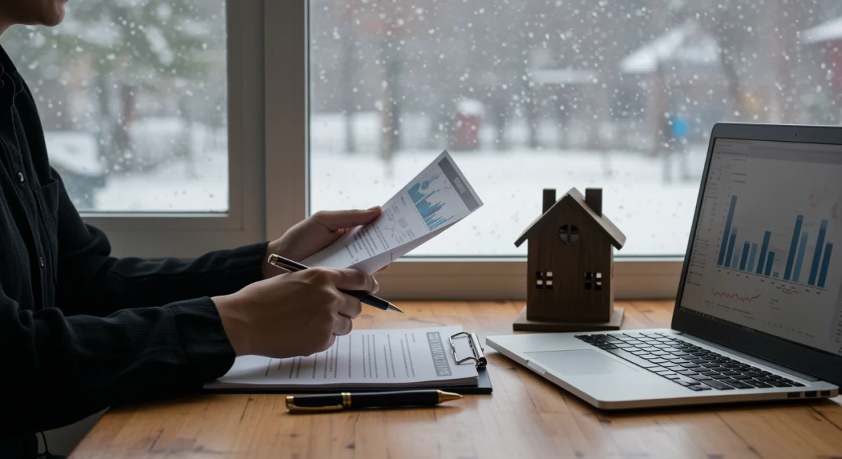 Person reviewing insurance policies and financial plans for winter storm preparedness