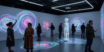 Futuristic art installation with holographic projections and interactive digital displays in 2025 cultural landscape