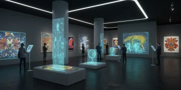 Futuristic digital art gallery with interactive holographic exhibits