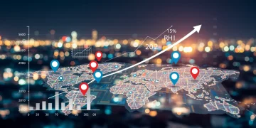 Digital map with location pins and an upward trending ROI graph for local business marketing.
