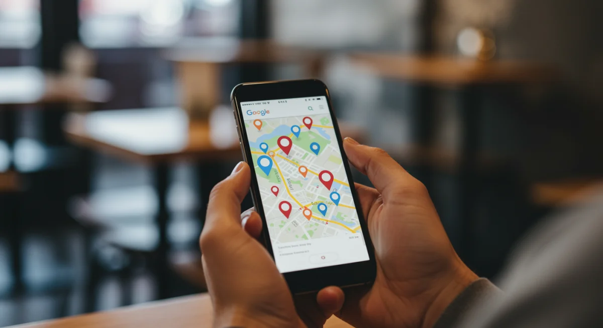Smartphone showing local search results on Google Maps, highlighting business pins.