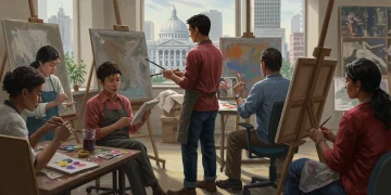 Artists collaborating in a studio, symbolizing government support for the arts