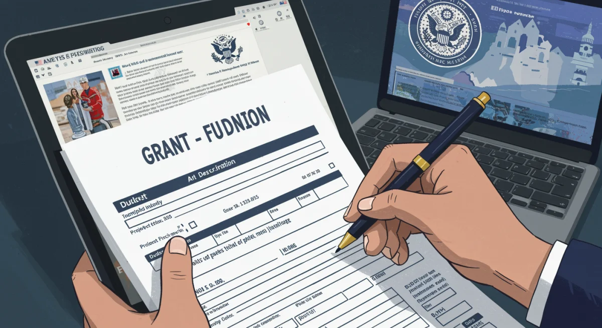 Hand filling out a federal grant application form for arts funding