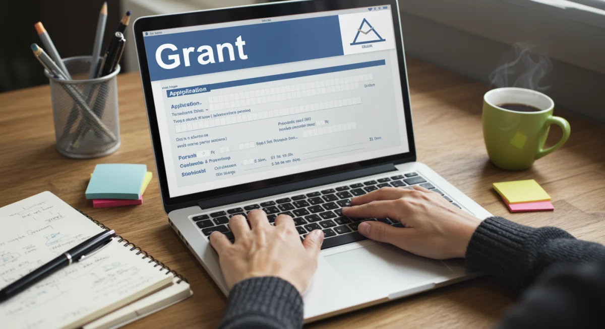Hands typing on a laptop, filling out a grant application form