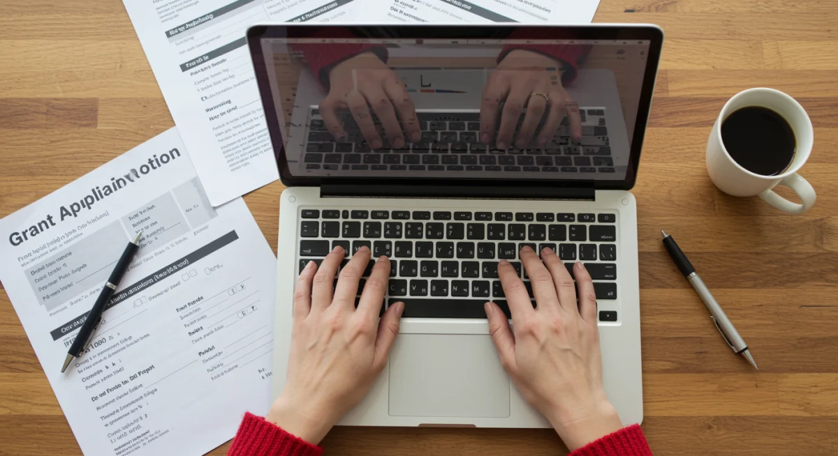 Person applying for an arts grant on a laptop with application forms.
