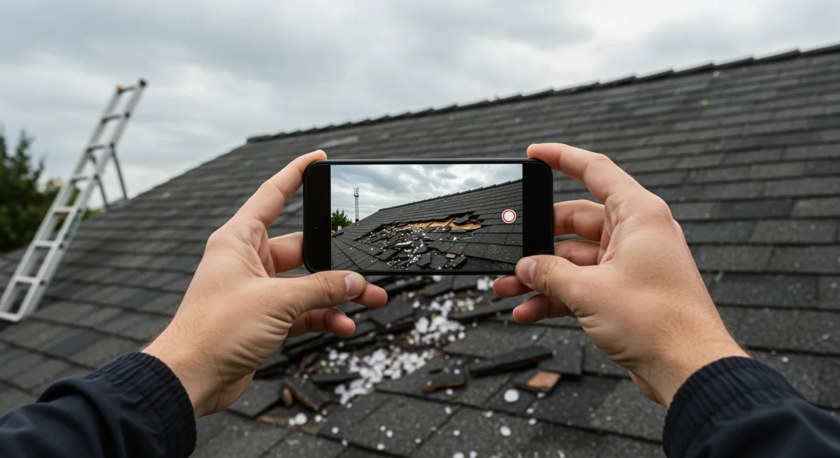 Homeowner documenting hail damage to roof with smartphone for insurance claim
