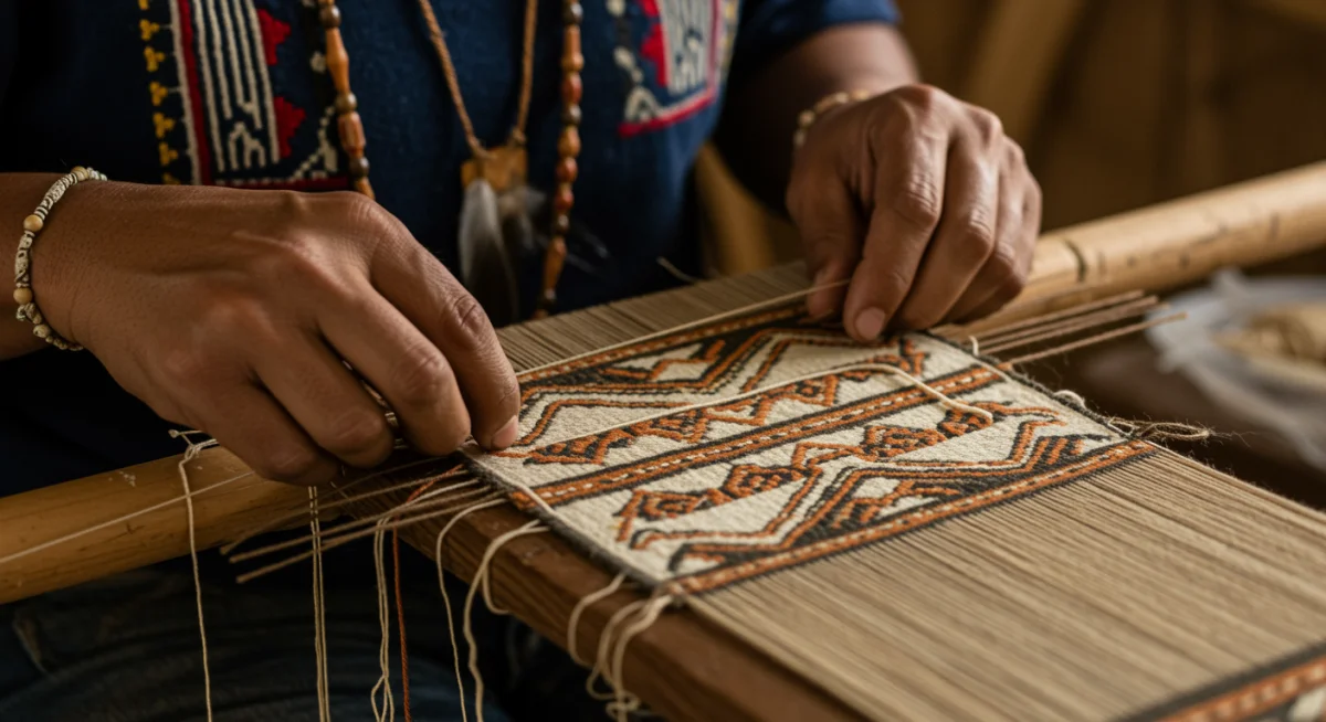 Indigenous artist weaving intricate textile with traditional techniques