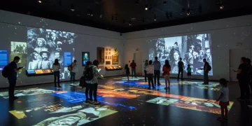 Visitors engaging with an interactive augmented reality museum exhibit