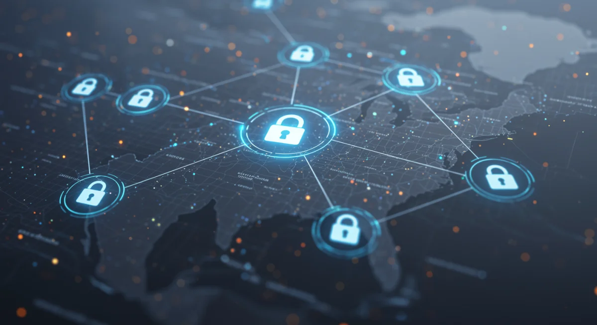 Interconnected local government networks with federal oversight, symbolizing enhanced data protection through 2025 initiatives.