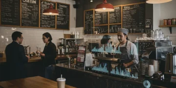 Modern coffee shop with financial data overlay representing local business cash flow management