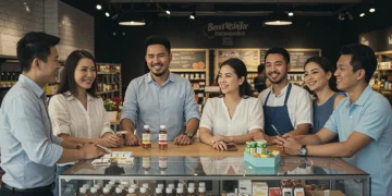 Local business owners engaging customers in a vibrant community setting.