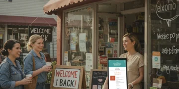 Smiling local business owner welcoming repeat customers, showcasing a digital loyalty program on a tablet.