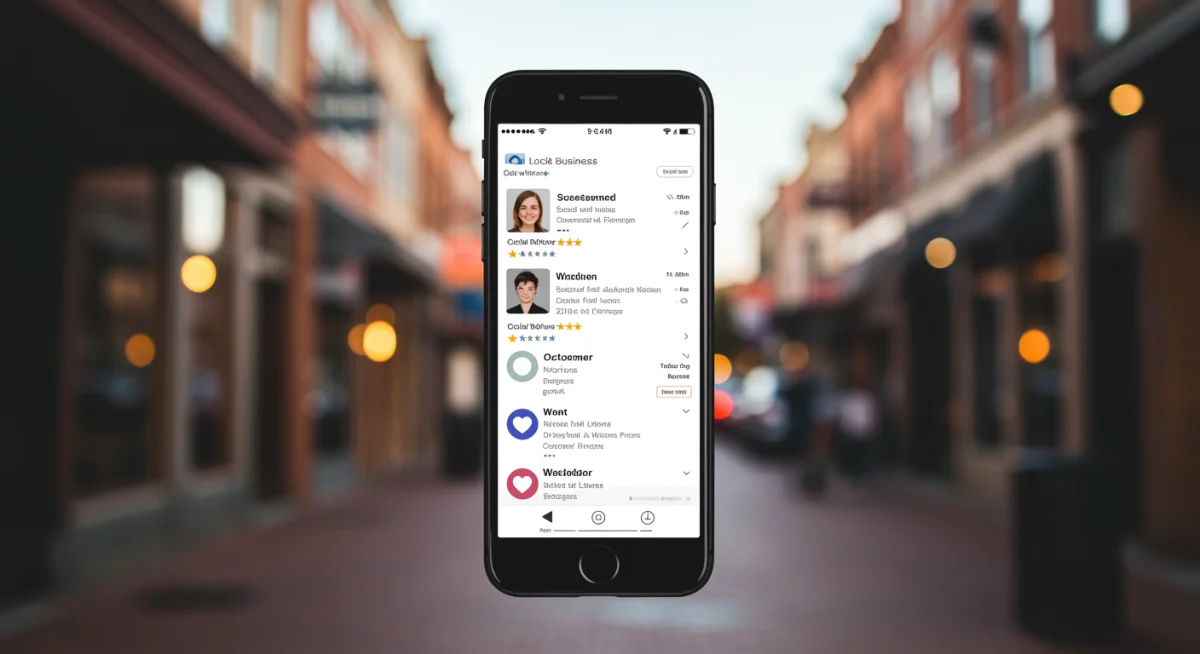 Smartphone showing a local business's positive social media reviews, symbolizing digital presence and customer feedback.