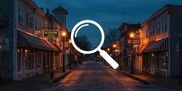 Bustling main street with local businesses, symbolizing increased foot traffic from SEO efforts.