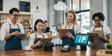 Local business owners utilizing modern technology for enhanced efficiency.