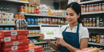 Local retailer managing inventory on a tablet in a well-stocked store
