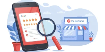 Illustration of a smartphone with a high Google review rating, representing local business success.