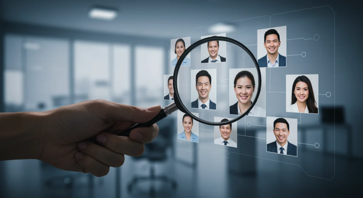 Magnifying glass examining diverse professional headshots for local talent recruitment