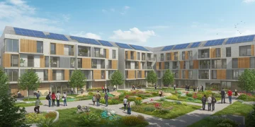 Modern affordable housing complex with green spaces and diverse residents